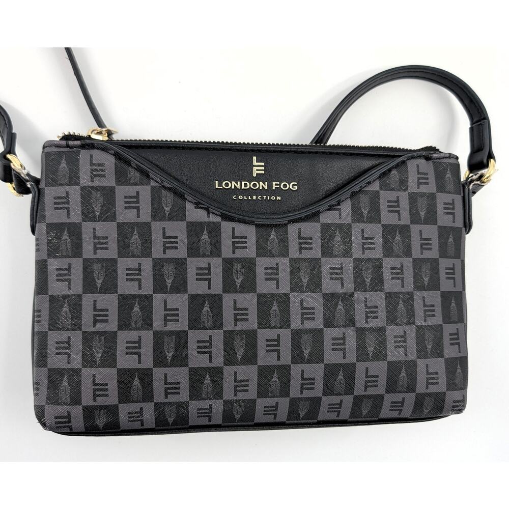 London Fog Addison Tower Signature Print Crossbody Bag Purse Black
